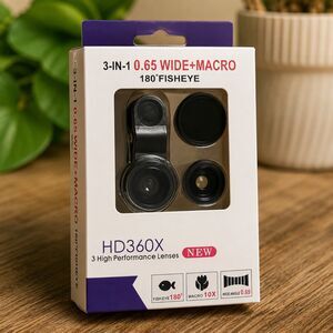 HD360X 3-in-1 Universal Phone Camera Lens Kit, Wide Angle Macro Fisheye, Clip-On